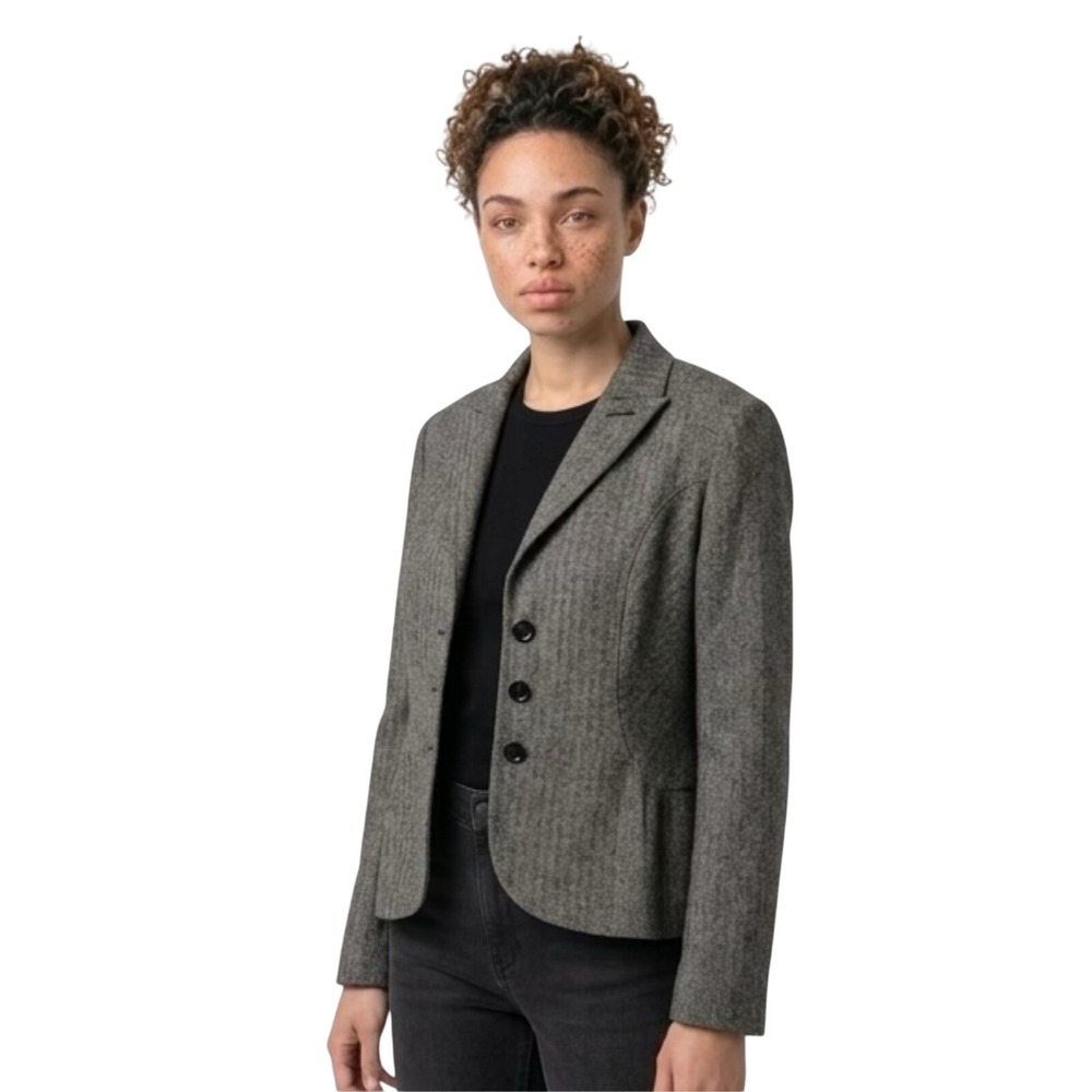Olsen Europe Womens Grey Herringbone Blazer Jacket Size 6 Tailored 3-Button Coat